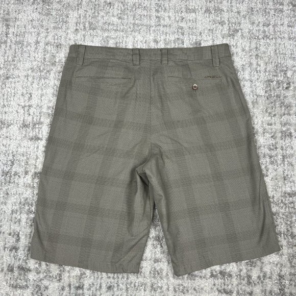 O'Neill Shorts 33 Chino Tan Beige Pockets Plaid Light Weight Casual Chequered - Picture 2 of 11